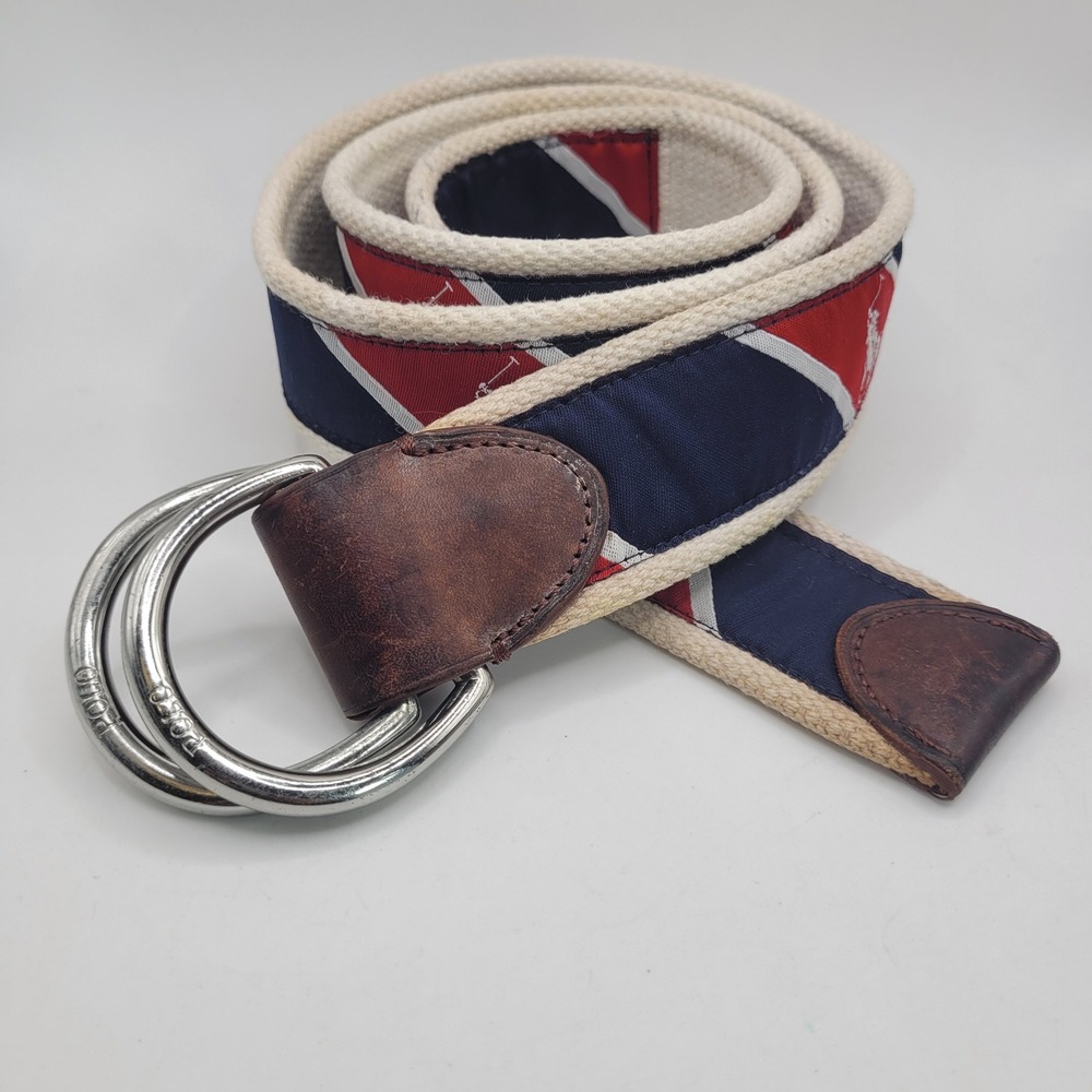 VTG Polo Ralph Lauren Belt Large Blue Red Repp Stripe D-Ring Canvas Leather Trim